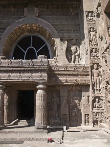 Entryway to temple at Ajanta, carved from solid stone.